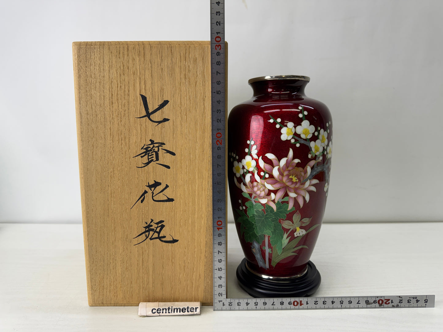 Y10119 FLOWER VASE Cloisonne red signed box Japan antique ikebana floral decor