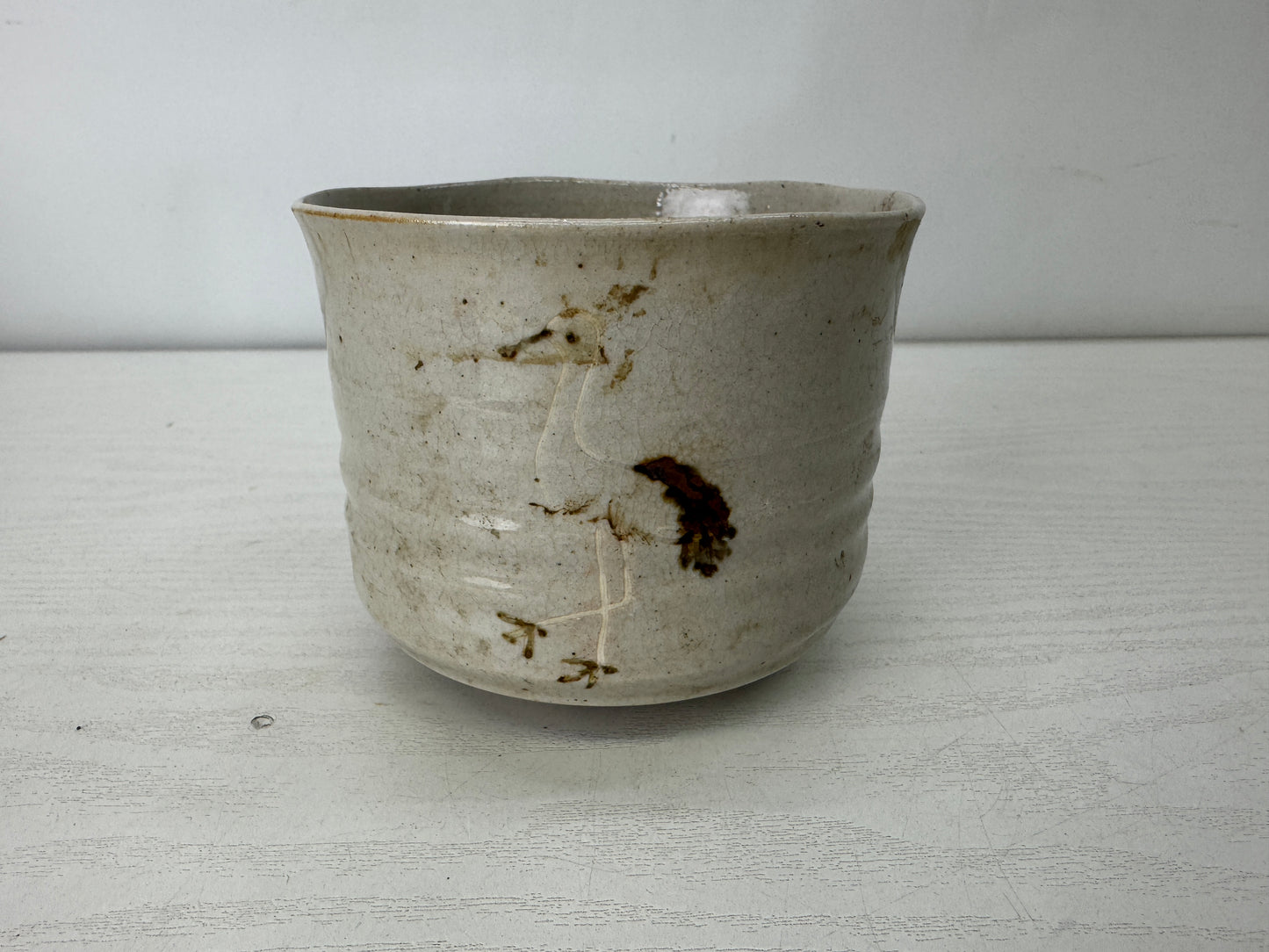 Y10121 CHAWAN Banko-ware bowl Crane signed box Japan antique tea ceremony cup