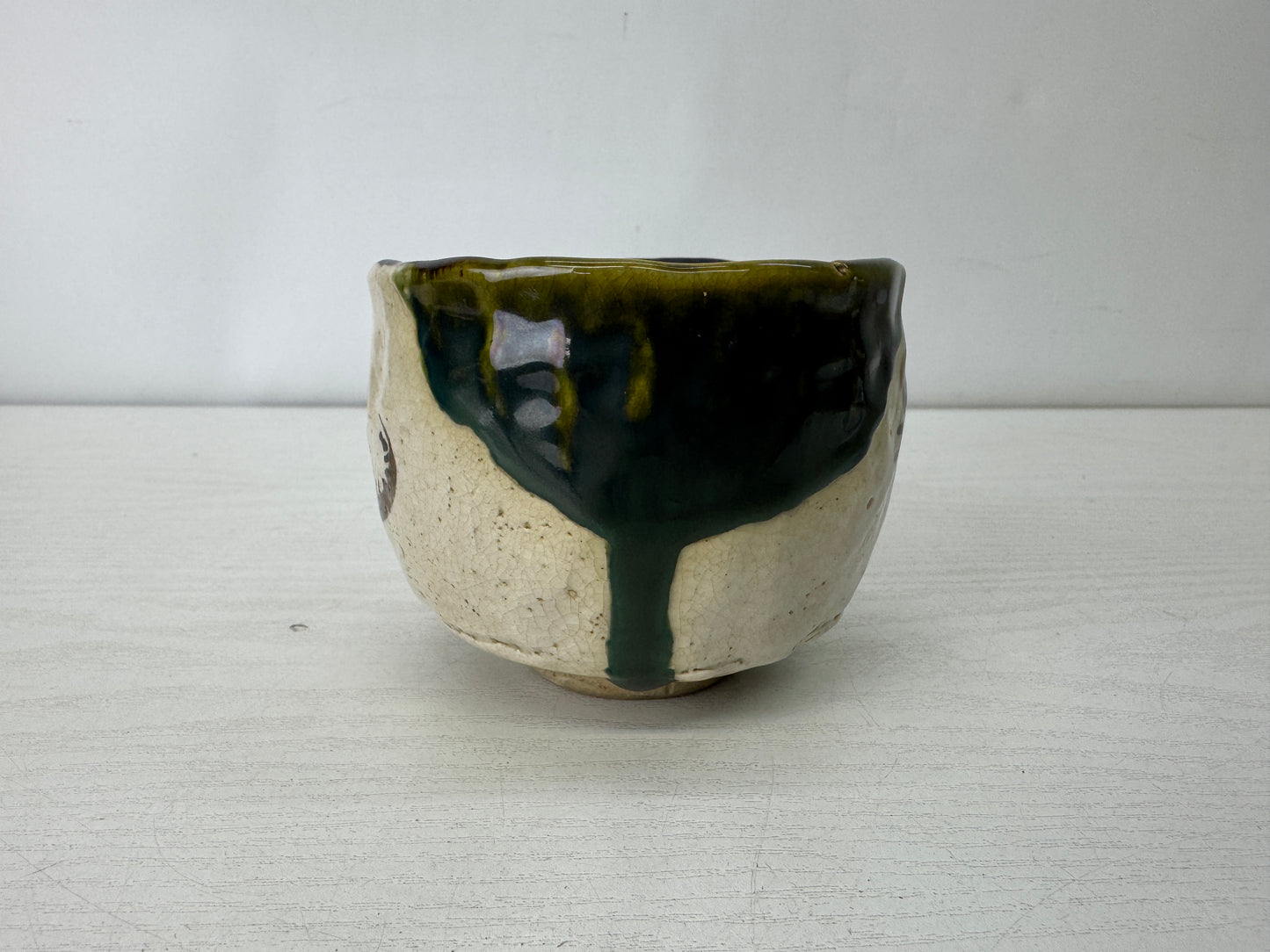Y10123 CHAWAN Oribe-ware bowl signed box Japan antique tea ceremony pottery cup