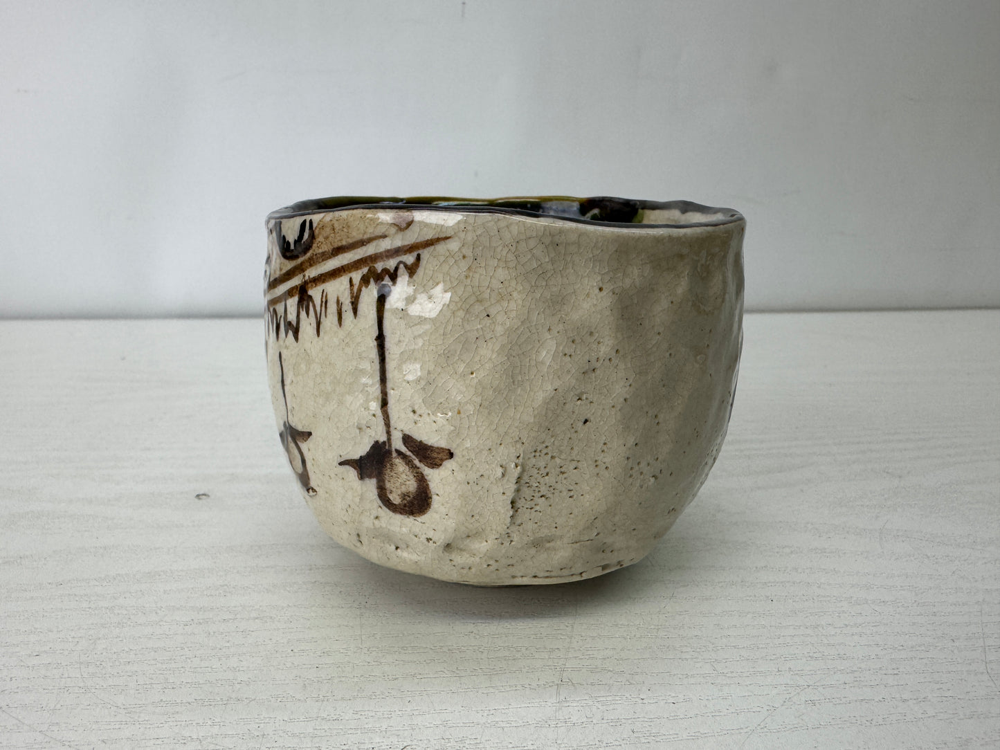 Y10123 CHAWAN Oribe-ware bowl signed box Japan antique tea ceremony pottery cup