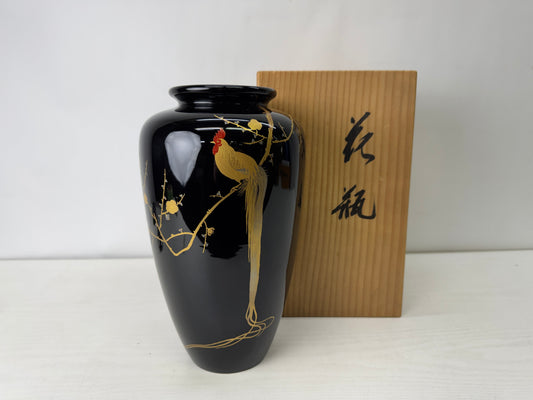 Y10136 FLOWER VASE Rooster Makie signed box Japan antique ikebana floral decor