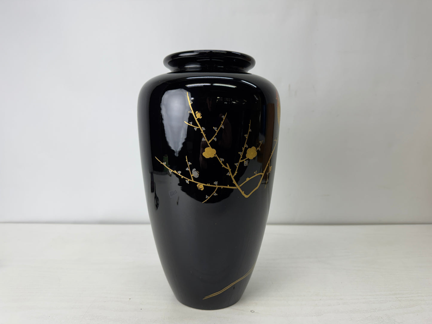 Y10136 FLOWER VASE Rooster Makie signed box Japan antique ikebana floral decor