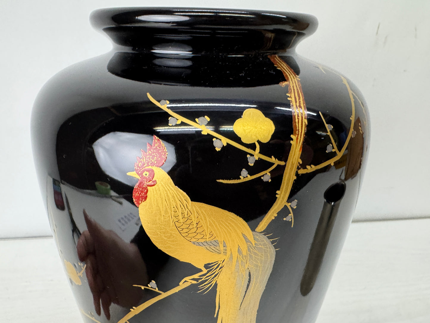 Y10136 FLOWER VASE Rooster Makie signed box Japan antique ikebana floral decor