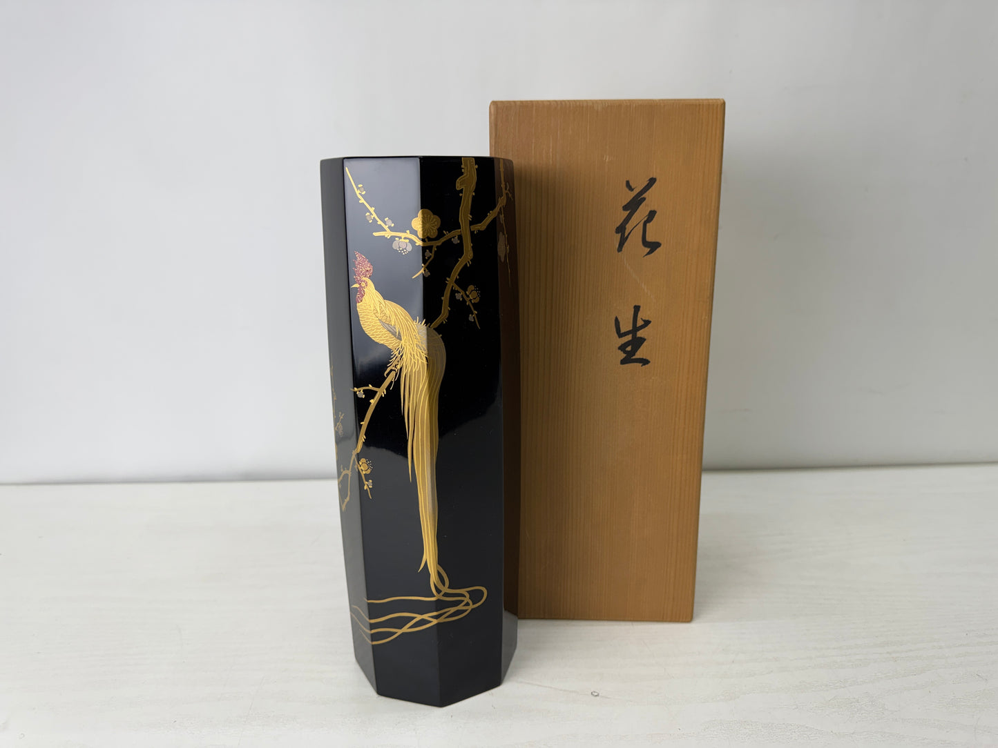 Y10137 FLOWER VASE Rooster Makie signed box Japan antique ikebana floral decor