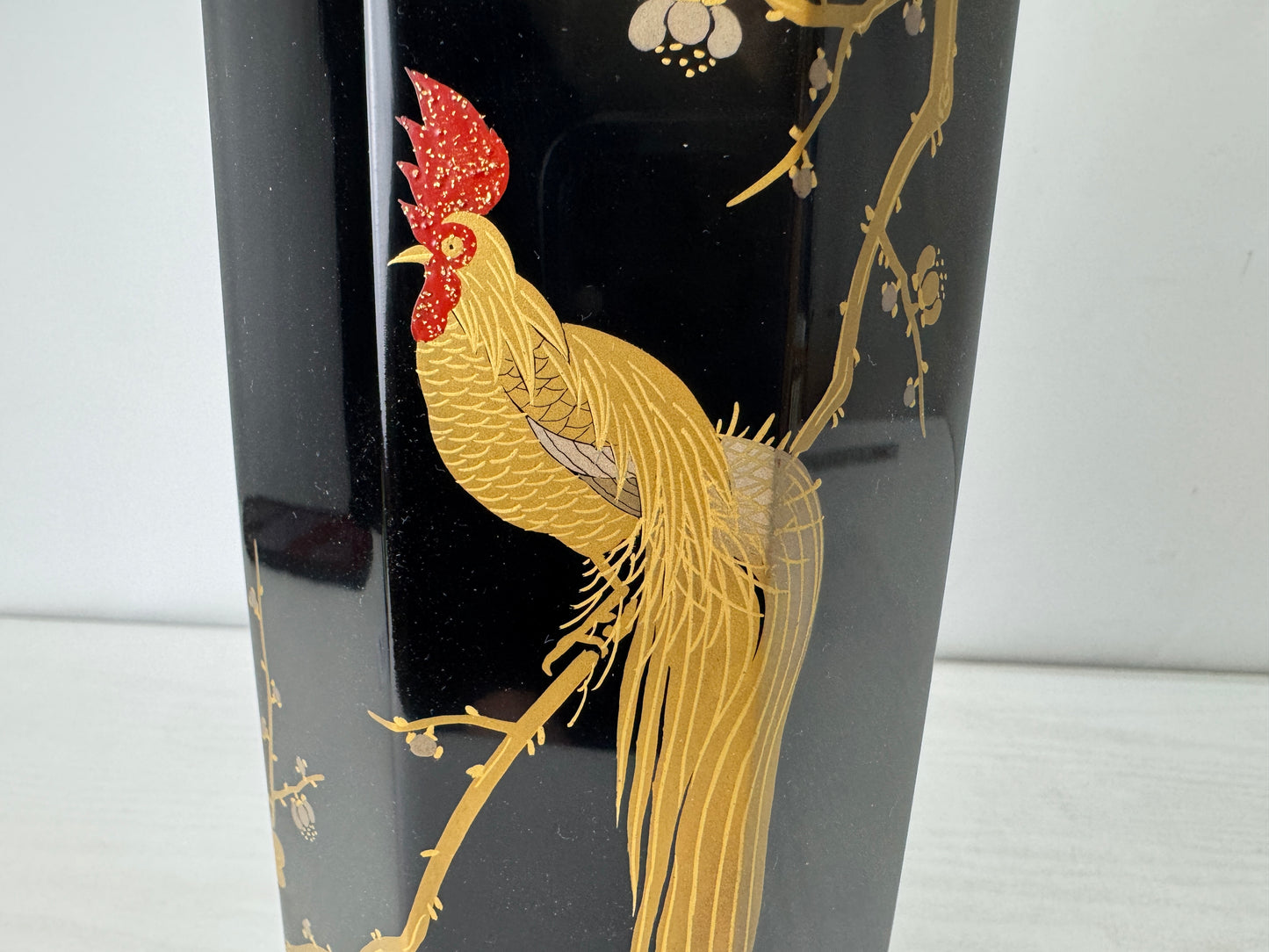 Y10137 FLOWER VASE Rooster Makie signed box Japan antique ikebana floral decor