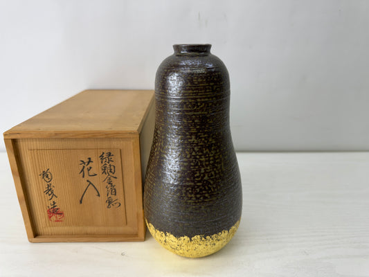 Y10139 FLOWER VASE Seto-ware signed box Japan antique ikebana floral interior