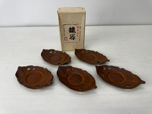 Y10145 DISH iron Chataku Coaster Leaf signed set of 5 Japan antique Sencha tea