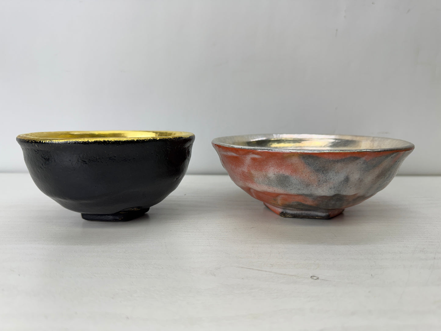 Y10150 CHAWAN Raku-ware gold silver bowl signed box Japan antique tea ceremony