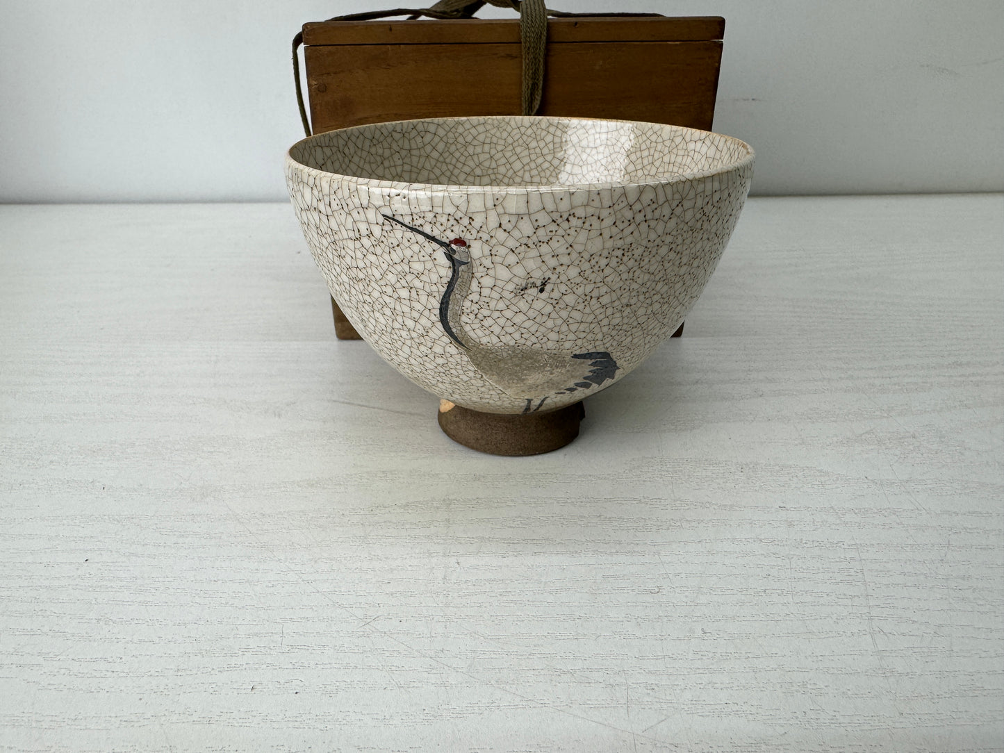 Y10152 CHAWAN Banko-ware bowl Crane signed box Japan antique tea ceremony cup
