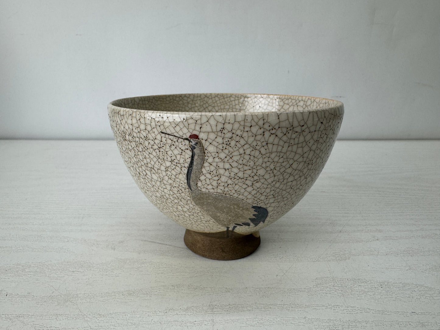 Y10152 CHAWAN Banko-ware bowl Crane signed box Japan antique tea ceremony cup