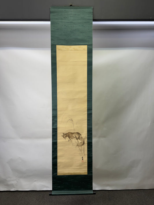 Y10160 KAKEJIKU Hanging scroll Fox animal signed Japan antique interior decor