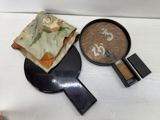 Y10165 KAGAMI Old mirror signed box Japan antique grooming appearance check
