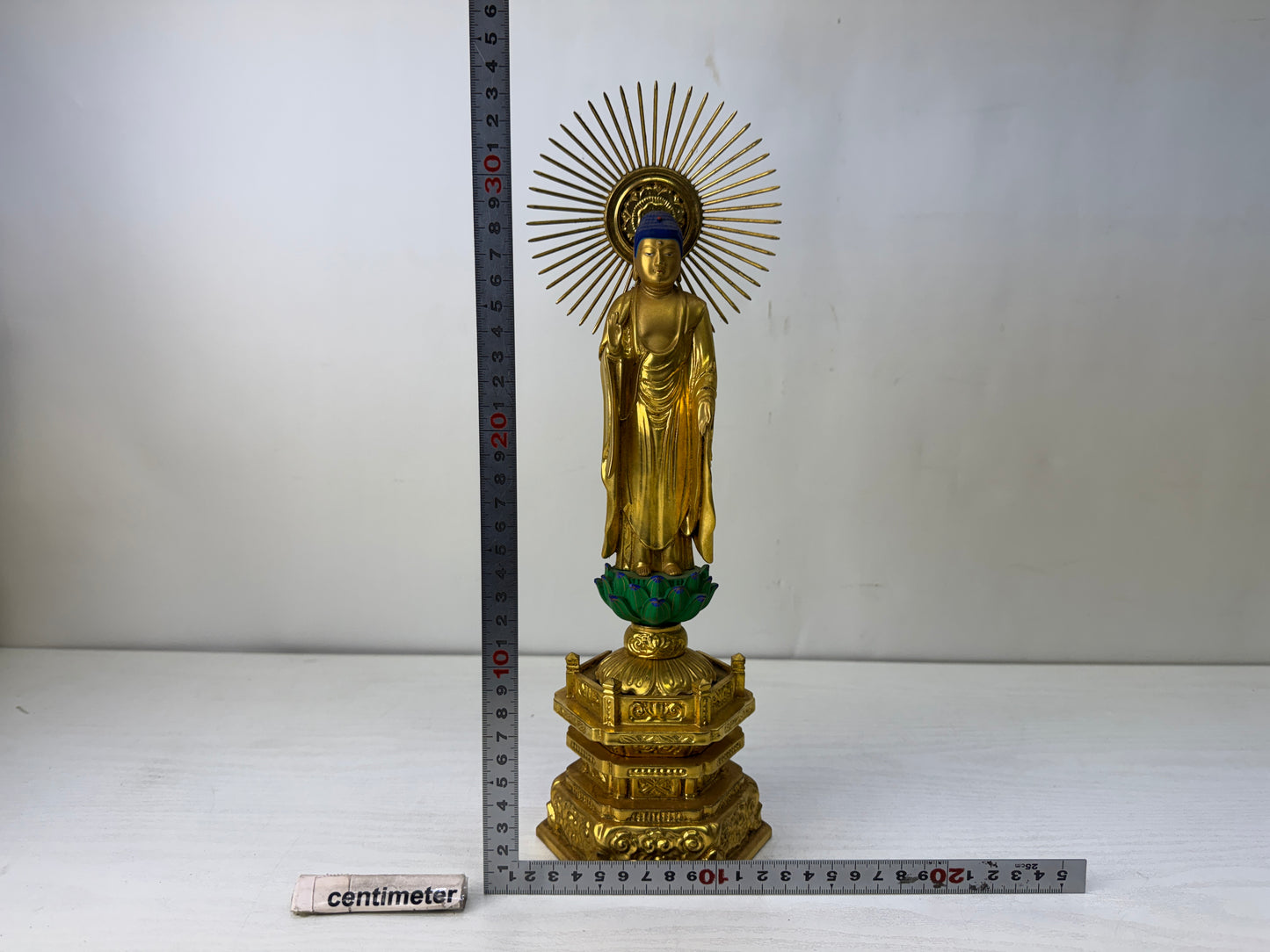 Y10166 STATUE wood carving painted Amida Buddha figurine Japan antique Buddhism