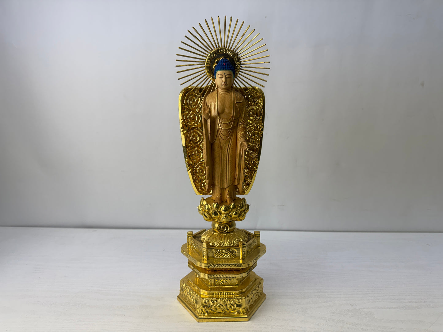 Y10168 STATUE wood carving standing Amida Buddha figurine Japan antique Buddhism