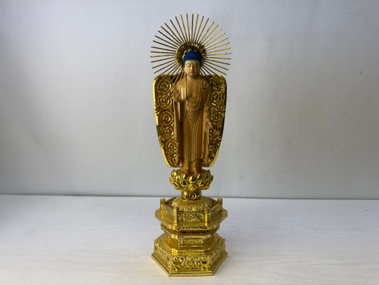 Y10168 STATUE wood carving standing Amida Buddha figurine Japan antique Buddhism