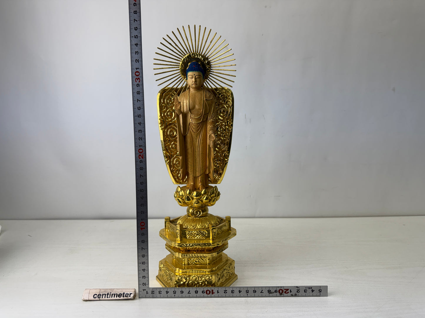 Y10168 STATUE wood carving standing Amida Buddha figurine Japan antique Buddhism