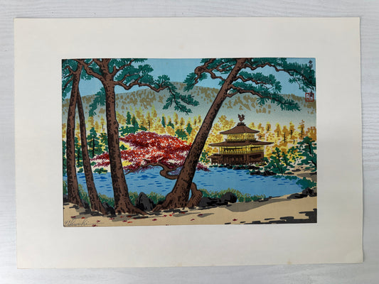 Y10177 WOODBLOCK PRINT Kinkakuji Temple signed Shin-hanga Japan Ukiyoe antique