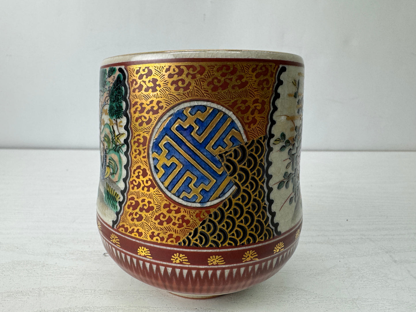 Y10179 YUNOMI Kutani-ware red picture teacup signed box Japan antique Sencha tea