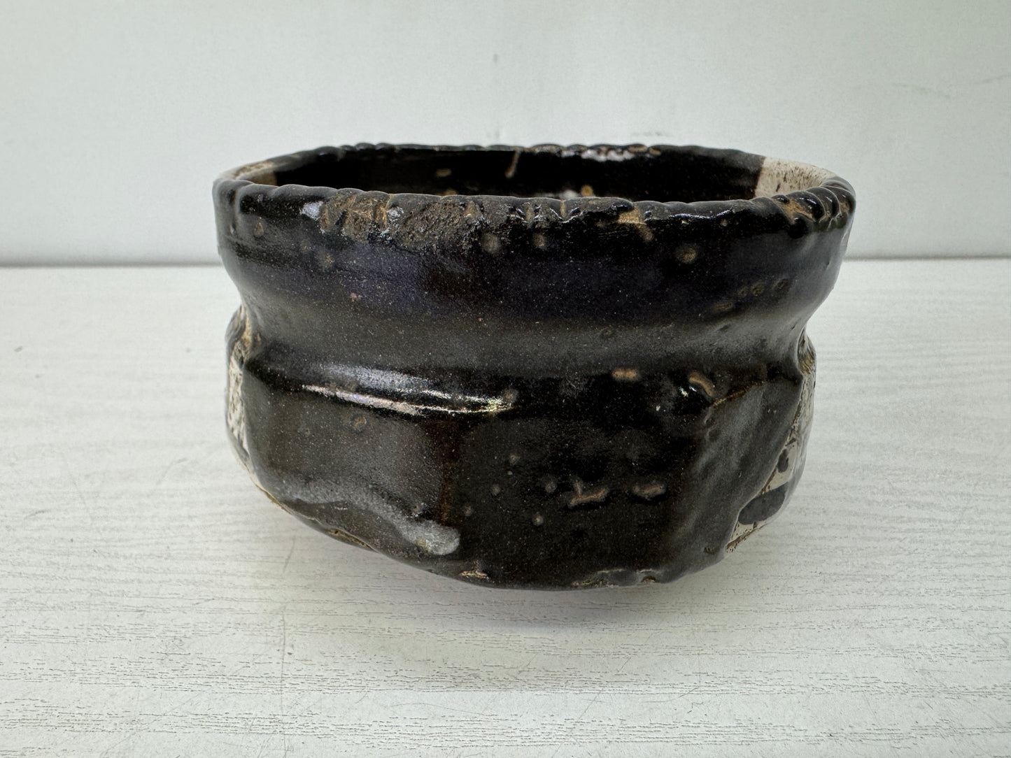 Y10182 CHAWAN Kuro Oribe bowl signed Japan antique tea ceremony pottery teacup