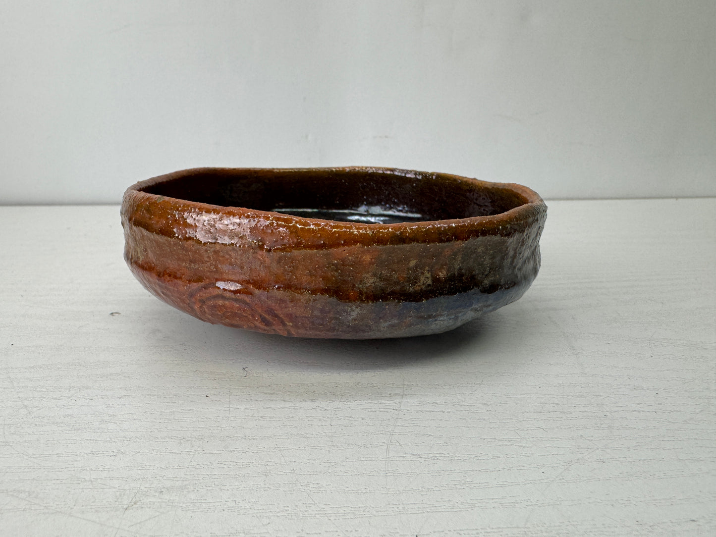 Y10183 CHAWAN Raku-ware flat bowl signed box Japan antique tea ceremony pottery