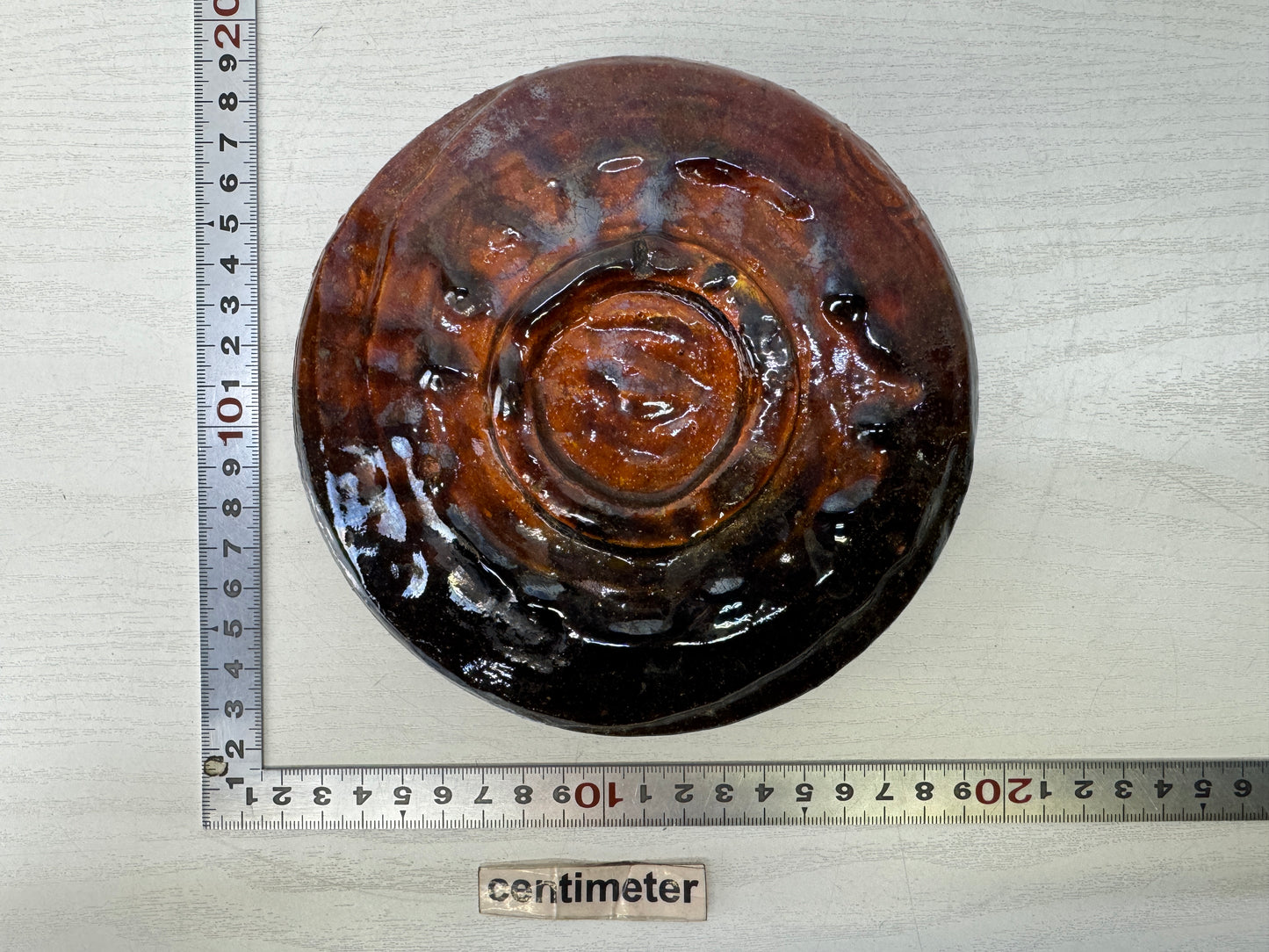 Y10183 CHAWAN Raku-ware flat bowl signed box Japan antique tea ceremony pottery