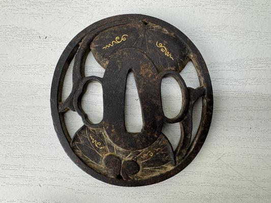 Y10194 TSUBA Iron sword guard signed Japan samurai katana antique koshirae edo