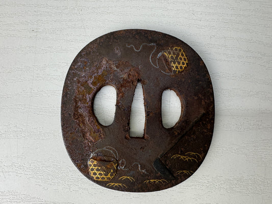 Y10196 TSUBA Iron sword guard inlay Japan samurai katana antique koshirae edo