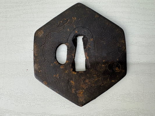 Y10197 TSUBA Iron sword guard hexagon Japan samurai katana antique koshirae edo
