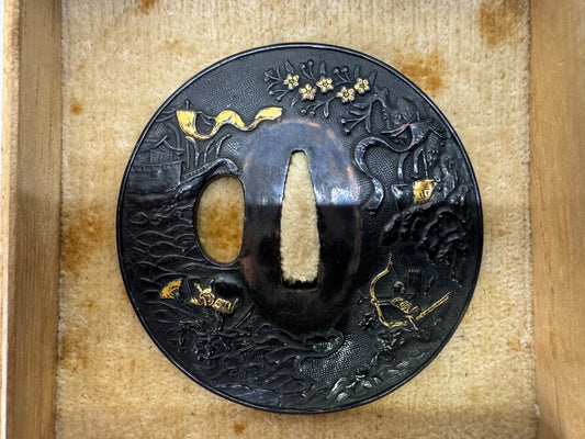 Y10198 TSUBA Copper sword guard inlay box Japan samurai katana antique koshirae