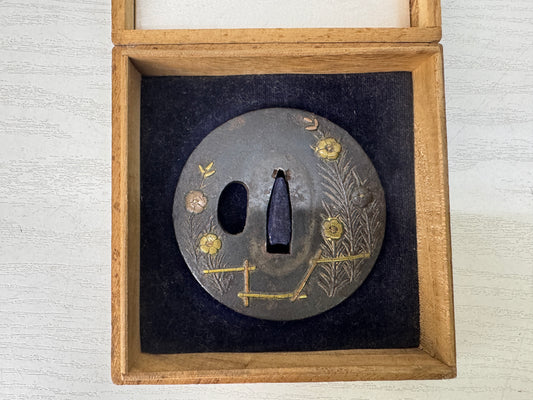 Y10199 TSUBA Iron sword guard brass inlay box Japan samurai antique koshirae edo