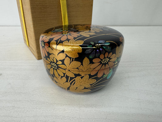 Y10208 NATUME Caddy signed box chrysanthemum flower Japan Tea Ceremony antique