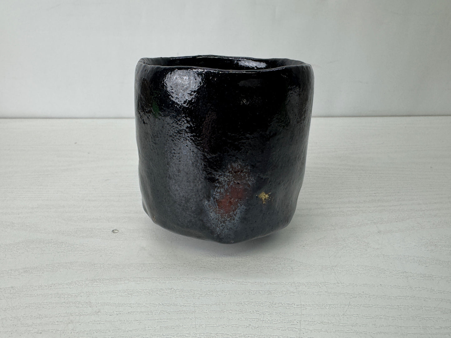 Y10211 CHAWAN Raku-ware black tube bowl signed box Japan antique tea ceremony