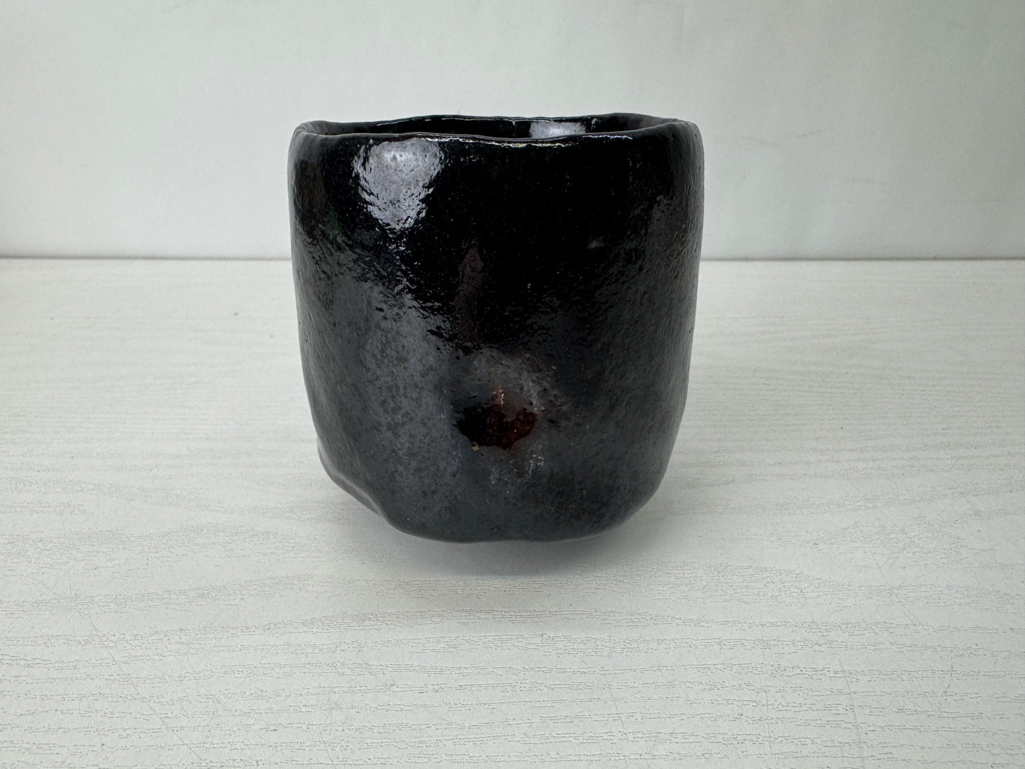 Y10211 CHAWAN Raku-ware black tube bowl signed box Japan antique tea ceremony