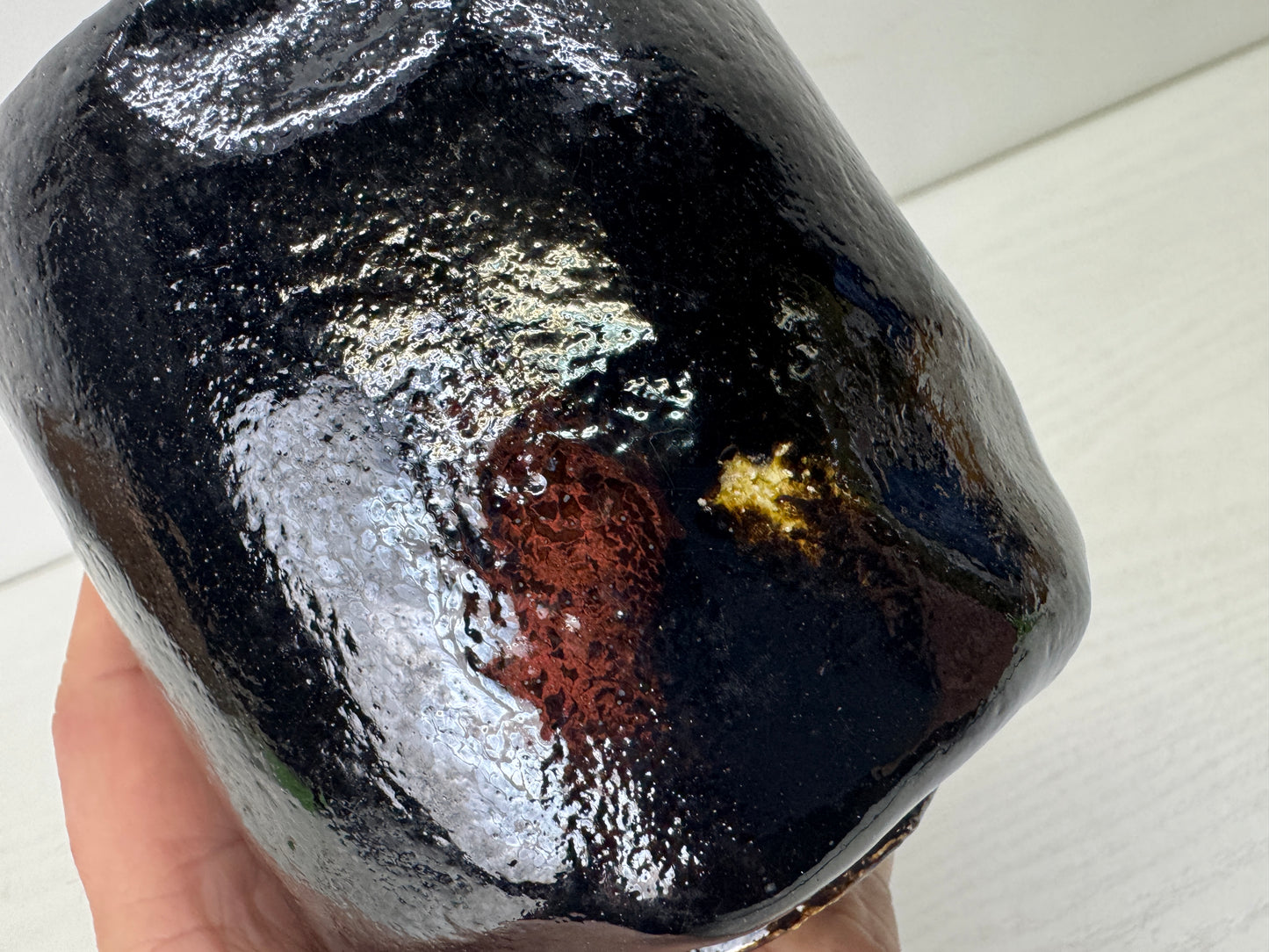 Y10211 CHAWAN Raku-ware black tube bowl signed box Japan antique tea ceremony
