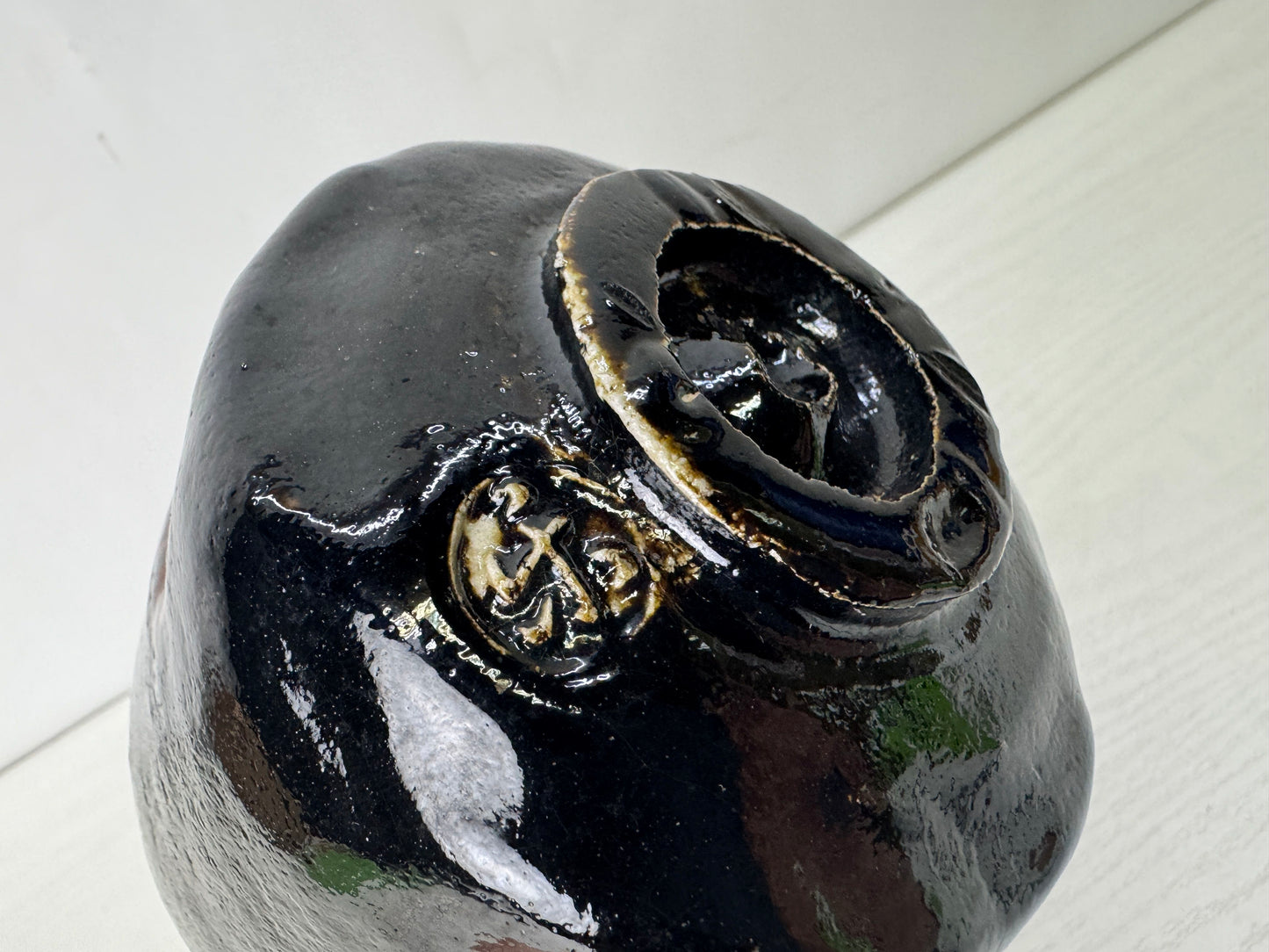 Y10211 CHAWAN Raku-ware black tube bowl signed box Japan antique tea ceremony