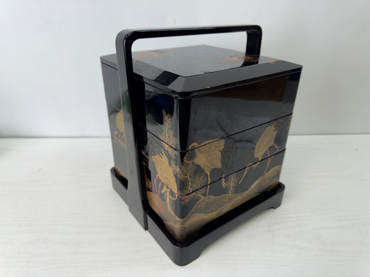 Y10218 BOX 3-tiered container handle Pine Crane Makie Japan antique storage case