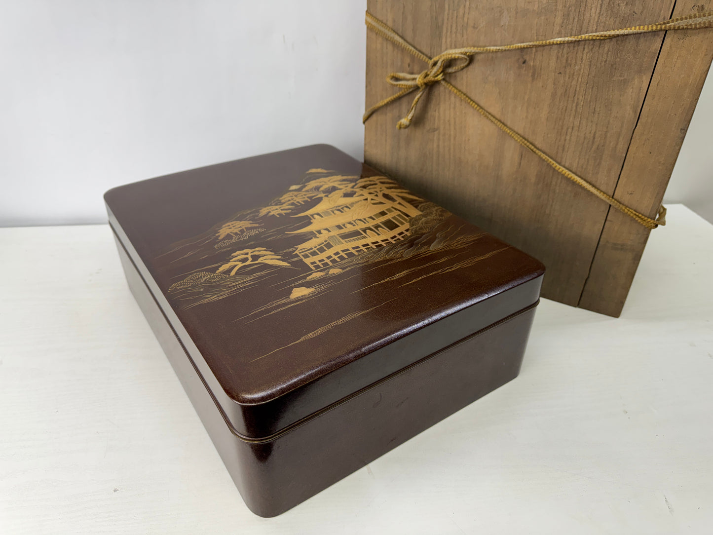 Y10219 BOX Kinkakuji temple Makie Letter case Japan antique container storage