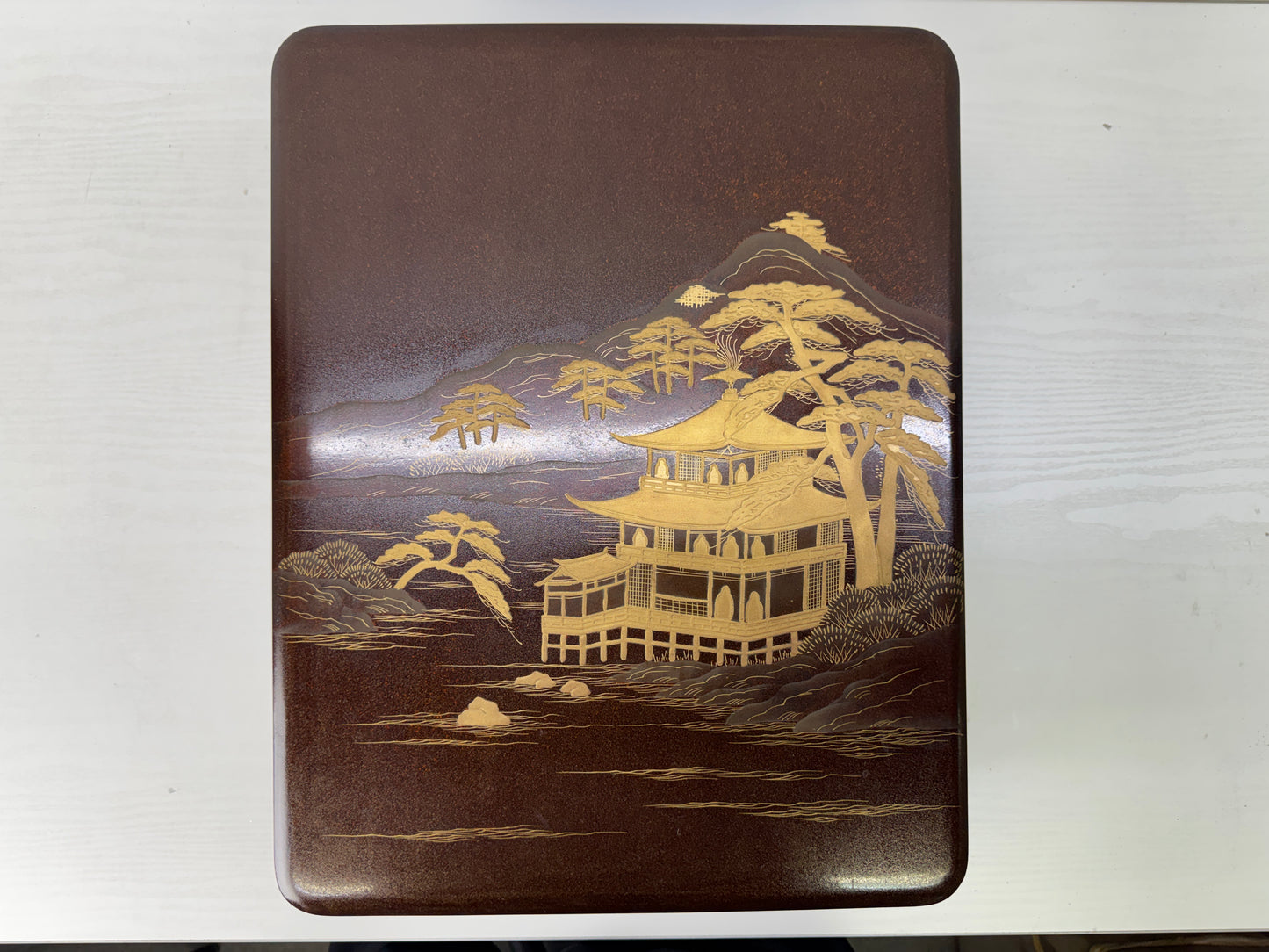 Y10219 BOX Kinkakuji temple Makie Letter case Japan antique container storage