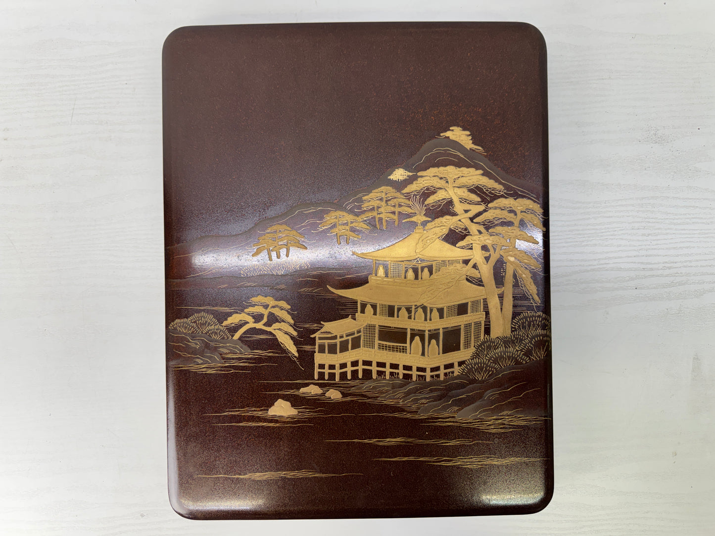 Y10219 BOX Kinkakuji temple Makie Letter case Japan antique container storage