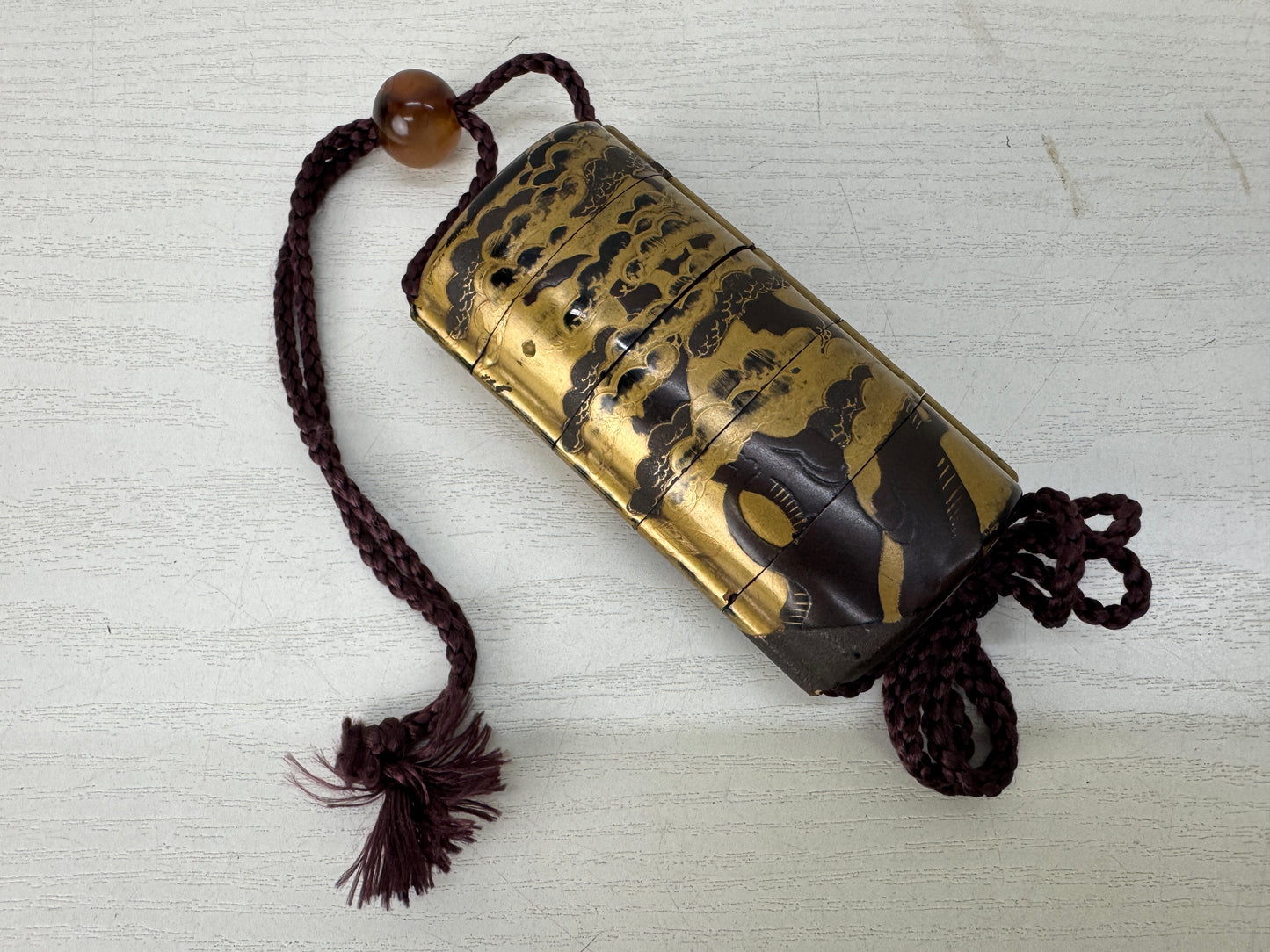 Y10224 INROU gold Makie Pill Box case Japan antique traditional kimono accessory