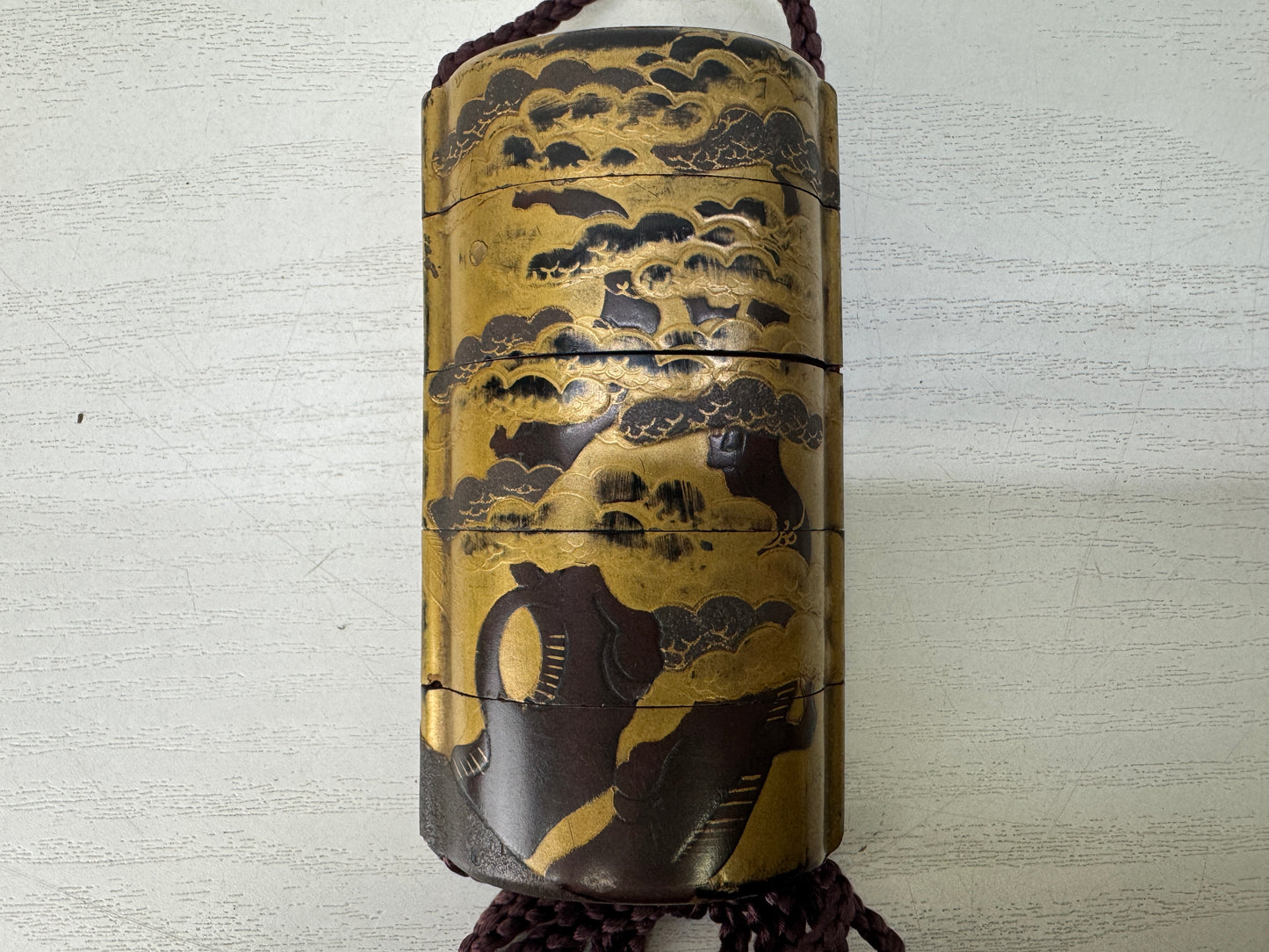 Y10224 INROU gold Makie Pill Box case Japan antique traditional kimono accessory