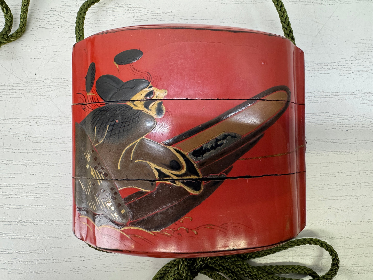 Y10226 INROU Makie Pill box Vermilion lacquer Japan antique kimono accessory