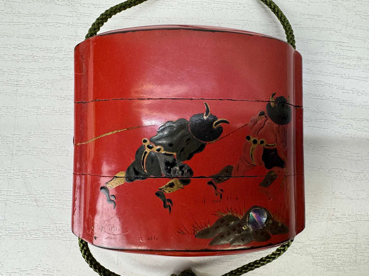 Y10226 INROU Makie Pill box Vermilion lacquer Japan antique kimono accessory