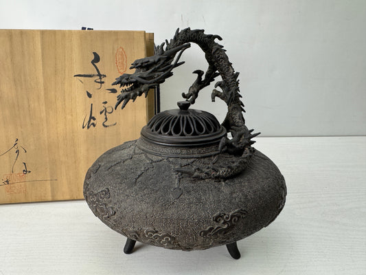 Y10233 KOURO copper Dragon signed box Japan antique Incense Burner fragrance