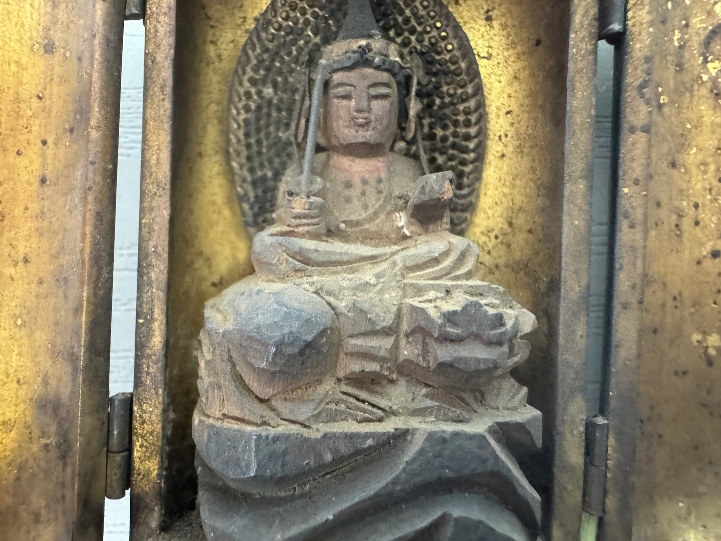 Y10236 STATUE small portable Manjusri Bodhisattva figurine shrine Japan antique