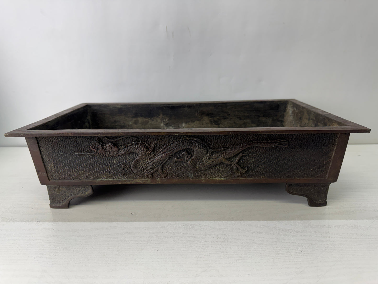 Y10252 BASIN Copper Dragon Phoenix signed Japan antique ikebana arrangement