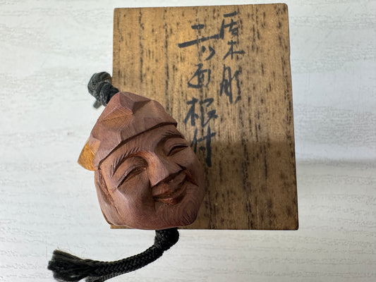 Y10261 NETSUKE Mask wood carving box Japan antique kimono accessory sagemono