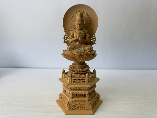Y10264 STATUE plain wood carving gold leaf Seated Vairocana Buddha Japan antique