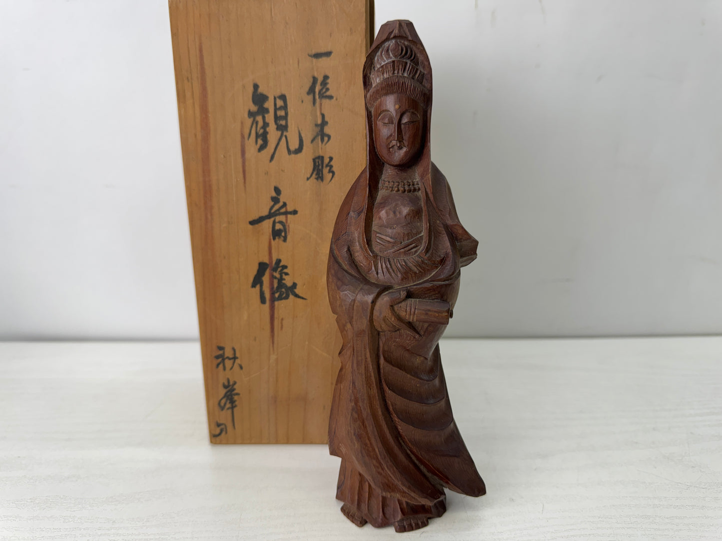 Y10265 STATUE Japanese Yew wood carving Kannon figurine signed box Japan antique