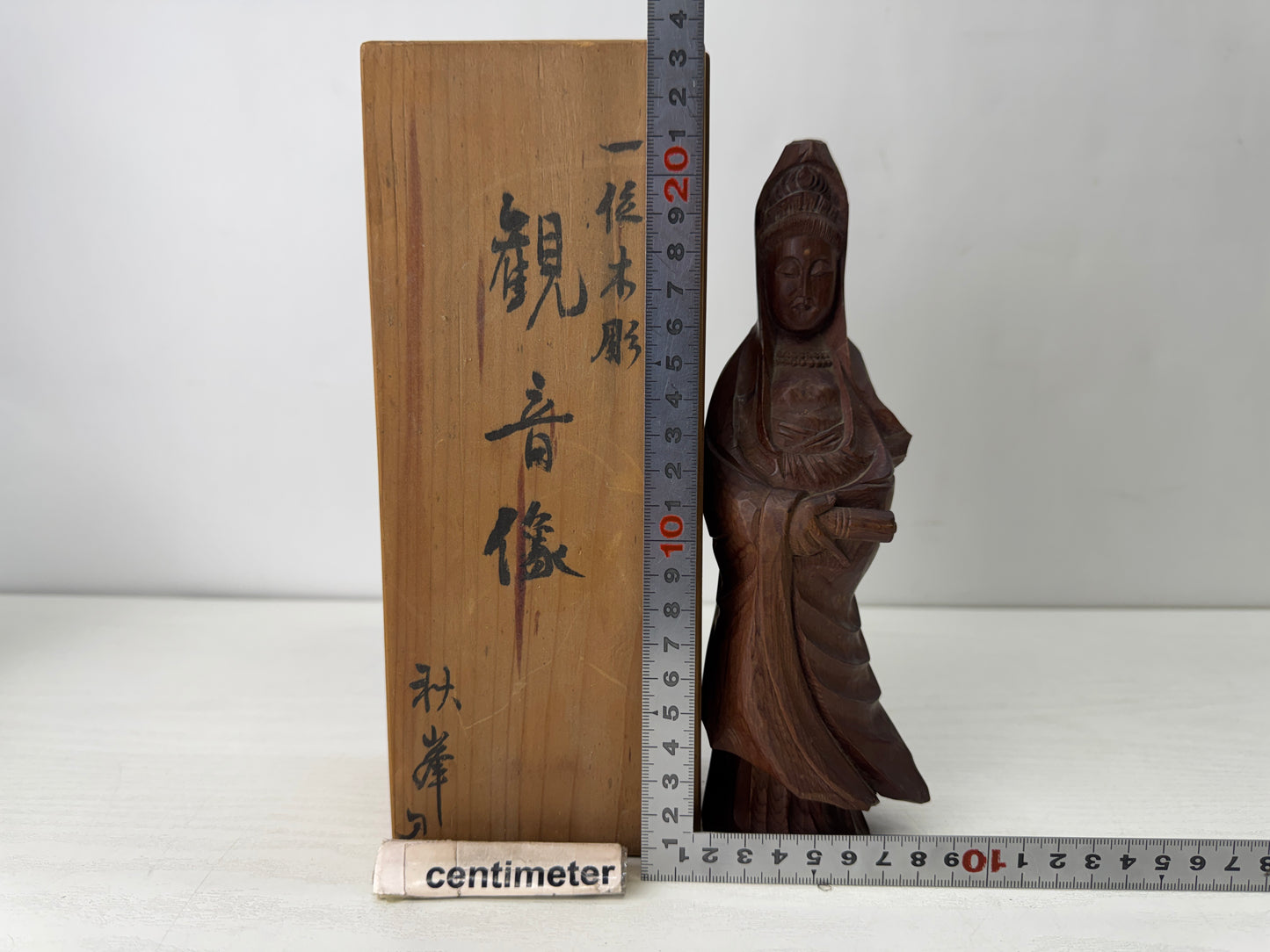Y10265 STATUE Japanese Yew wood carving Kannon figurine signed box Japan antique